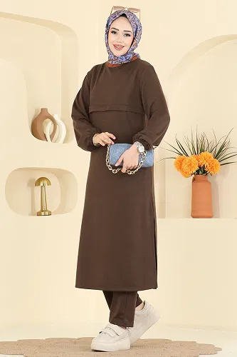 moda selvim Manşeti Lastikli İki İplik Takım 1914SBL832 Kahve - Thumbnail