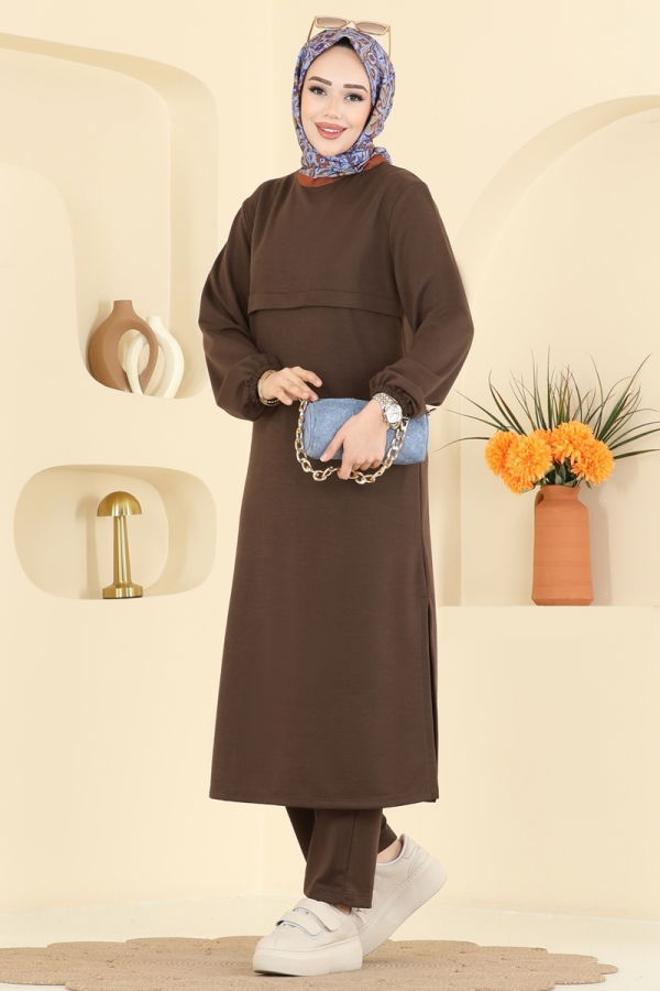 Modaselvim Kombin Manşeti Lastikli İki İplik Takım 1914SBL832 Kahve