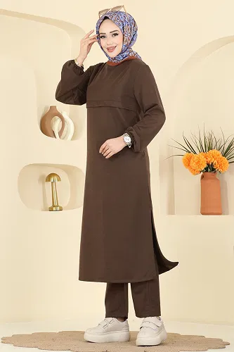 moda selvim Manşeti Lastikli İki İplik Takım 1914SBL832 Kahve - Thumbnail