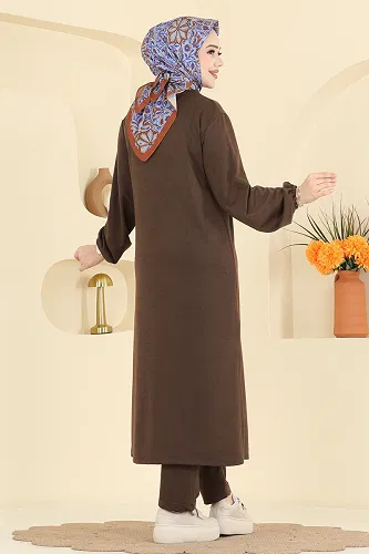 moda selvim Manşeti Lastikli İki İplik Takım 1914SBL832 Kahve - Thumbnail