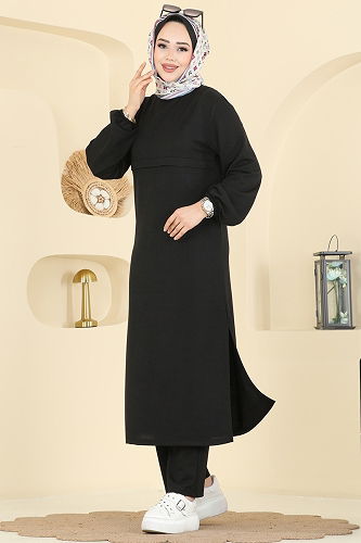 moda selvim Manşeti Lastikli İki İplik Takım 1914SBL832 Siyah - Thumbnail