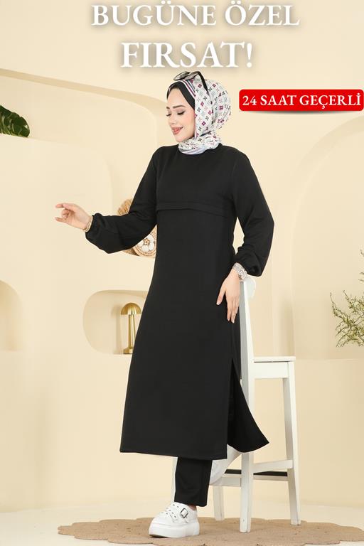 Modaselvim Kombin Manşeti Lastikli İki İplik Takım 1914SBL832 Siyah