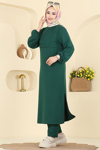 moda selvim Manşeti Lastikli İki İplik Takım 1914SBL832 Zümrüt - Thumbnail