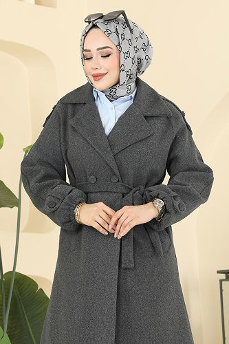moda selvim Manşeti Lastikli Kaşe Kaban 6243BSK463 Antrasit - Thumbnail