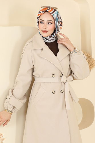 moda selvim Manşeti Lastikli Kaşe Kaban 6243BSK463 Taş - Thumbnail