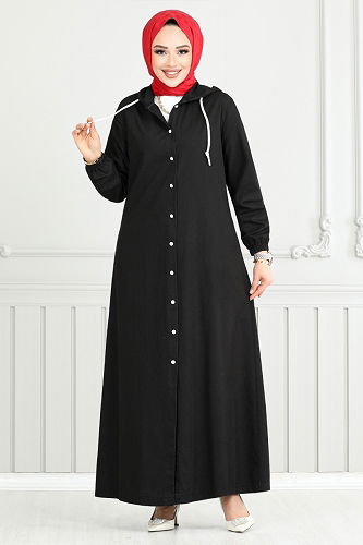 moda selvim Manşeti Lastikli Kot Ferace 321MSS941-M Siyah - Thumbnail