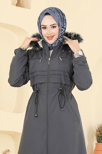 moda selvim Manşeti Lastikli Kürklü Kaban 2820MSA980 Füme - Thumbnail
