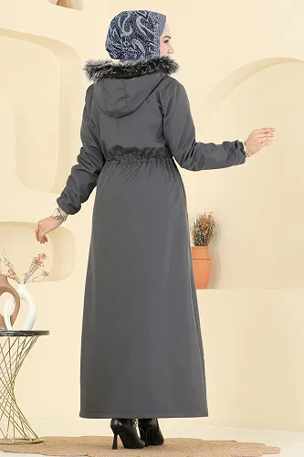 moda selvim Manşeti Lastikli Kürklü Kaban 2820MSA980 Füme - Thumbnail
