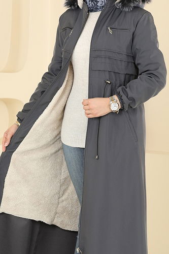 moda selvim Manşeti Lastikli Kürklü Kaban 2820MSA980 Füme - Thumbnail