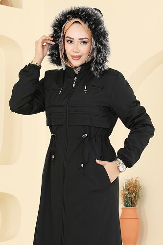 moda selvim Manşeti Lastikli Kürklü Kaban 2820MSA980 Siyah - Thumbnail
