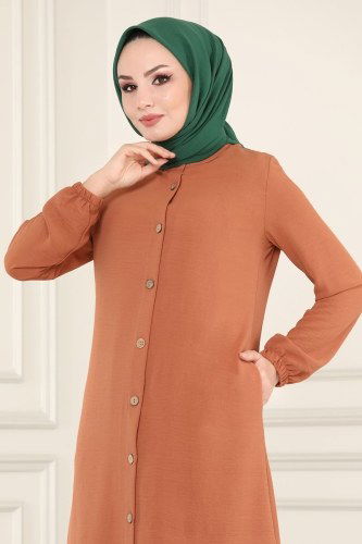moda selvim Manşeti Lastikli Mevsimlik Tunik PL8048 Koyu Somon - Thumbnail