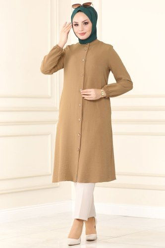 moda selvim Manşeti Lastikli Mevsimlik Tunik PL8048 Latte - Thumbnail