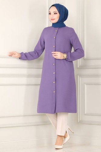 moda selvim Manşeti Lastikli Mevsimlik Tunik PL8048 Lila - Thumbnail