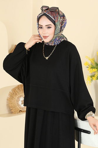 moda selvim Manşeti Lastikli Modal Takım 2607ERK1158 Siyah - Thumbnail