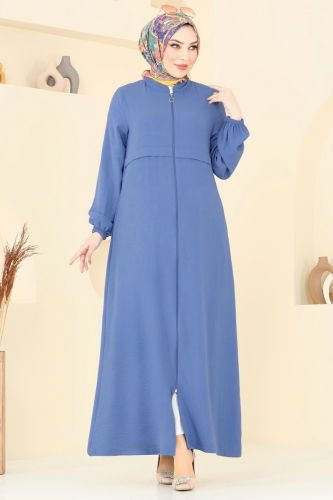 moda selvim Manşeti Lastikli Pardesü Ferace 376DVL817 İndigo - Thumbnail