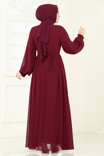 moda selvim Manşeti Lastikli Şifon Elbise 5672EDF311 Bordo - Thumbnail