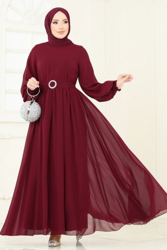 moda selvim Manşeti Lastikli Şifon Elbise 5672EDF311 Bordo - Thumbnail