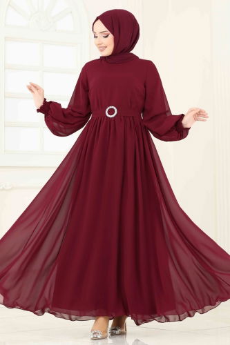 moda selvim Manşeti Lastikli Şifon Elbise 5672EDF311 Bordo - Thumbnail