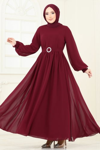 moda selvim Manşeti Lastikli Şifon Elbise 5672EDF311 Bordo - Thumbnail