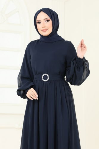 moda selvim Manşeti Lastikli Şifon Elbise 5672EDF311 Laci - Thumbnail