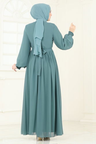 moda selvim Manşeti Lastikli Şifon Elbise 5672EDF311 Mint - Thumbnail