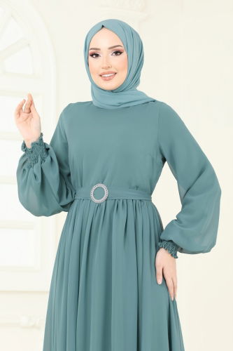 moda selvim Manşeti Lastikli Şifon Elbise 5672EDF311 Mint - Thumbnail