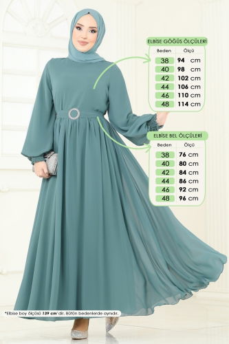 moda selvim Manşeti Lastikli Şifon Elbise 5672EDF311 Mint - Thumbnail