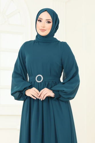moda selvim Manşeti Lastikli Şifon Elbise 5672EDF311 Petrol - Thumbnail