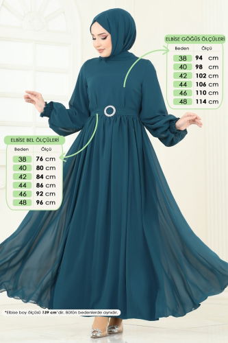 moda selvim Manşeti Lastikli Şifon Elbise 5672EDF311 Petrol - Thumbnail