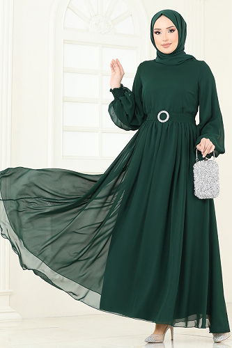 moda selvim Manşeti Lastikli Şifon Elbise 5672EDF311 Zümrüt - Thumbnail