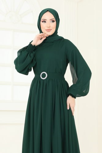 moda selvim Manşeti Lastikli Şifon Elbise 5672EDF311 Zümrüt - Thumbnail