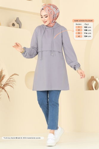 moda selvim Manşeti Lastikli Sweat Tunik 806OZN1046 Gri - Thumbnail