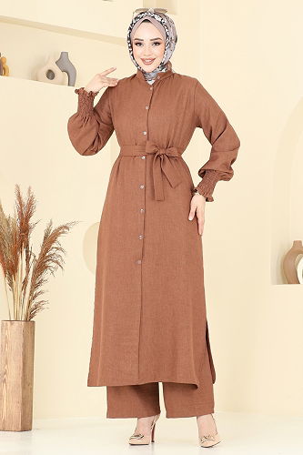 moda selvim Manşeti Lastikli Takım 809OZN1046 Kahve - Thumbnail