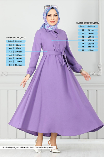 moda selvim Manşeti Lastikli Terikoton Elbise 333MSS941-M Koyu Lila - Thumbnail