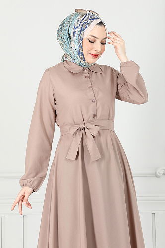 moda selvim Manşeti Lastikli Terikoton Elbise 333MSS941-M Vizyon - Thumbnail