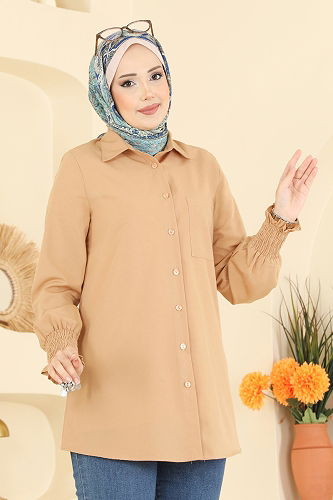 moda selvim Manşeti Lastikli Terikoton Gömlek 338ASN888 Latte - Thumbnail