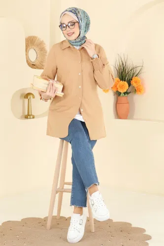 A.S.N. - Manşeti Lastikli Terikoton Gömlek 338ASN888 Latte