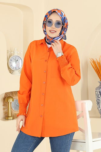 moda selvim Manşeti Lastikli Terikoton Gömlek 338ASN888 Oranj - Thumbnail