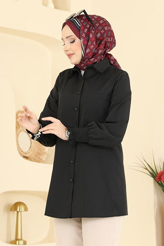 moda selvim Manşeti Lastikli Terikoton Gömlek 338ASN888 Siyah - Thumbnail