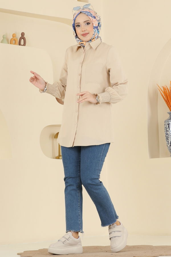 Modaselvim Bluz ve Gömlek Manşeti Lastikli Terikoton Gömlek 338ASN888 Vizyon