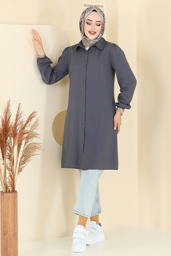 moda selvim Manşeti Lastikli Terikoton Tunik 3063KTR750 Antrasit - Thumbnail