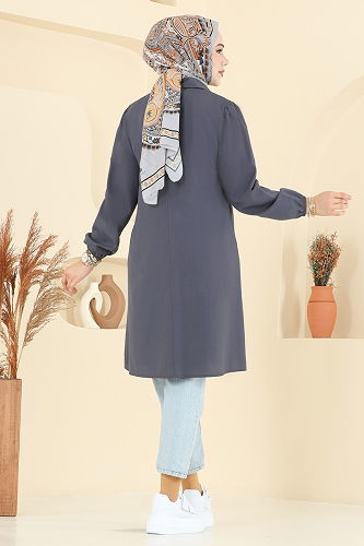 moda selvim Manşeti Lastikli Terikoton Tunik 3063KTR750 Antrasit - Thumbnail