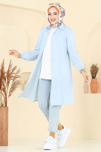 moda selvim Manşeti Lastikli Terikoton Tunik 3063KTR750 Bebe Mavisi - Thumbnail
