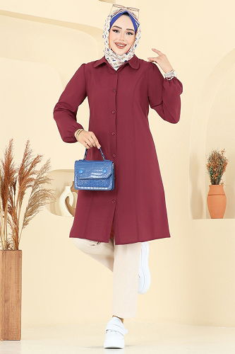 moda selvim Manşeti Lastikli Terikoton Tunik 3063KTR750 Bordo - Thumbnail
