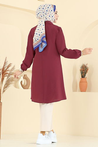 moda selvim Manşeti Lastikli Terikoton Tunik 3063KTR750 Bordo - Thumbnail