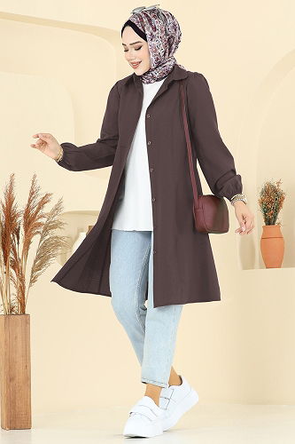 moda selvim Manşeti Lastikli Terikoton Tunik 3063KTR750 Kahve - Thumbnail