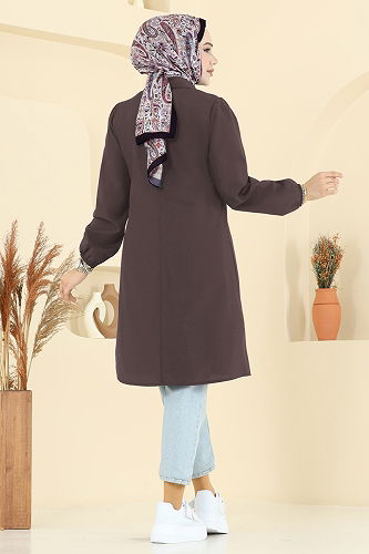 moda selvim Manşeti Lastikli Terikoton Tunik 3063KTR750 Kahve - Thumbnail
