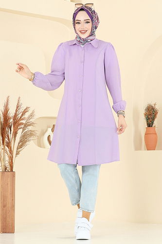 moda selvim Manşeti Lastikli Terikoton Tunik 3063KTR750 Lila - Thumbnail