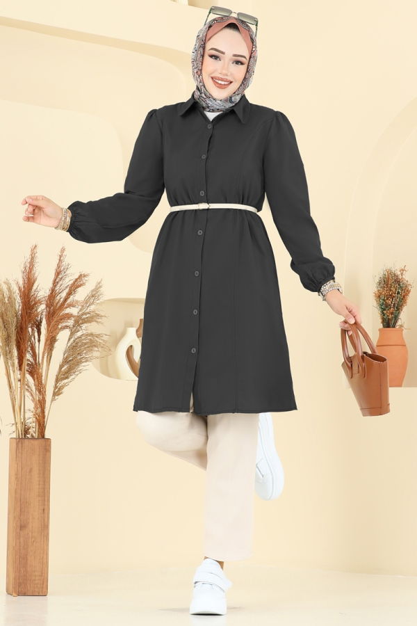 %30 İNDİRİM Manşeti Lastikli Terikoton Tunik 3063KTR750 Siyah