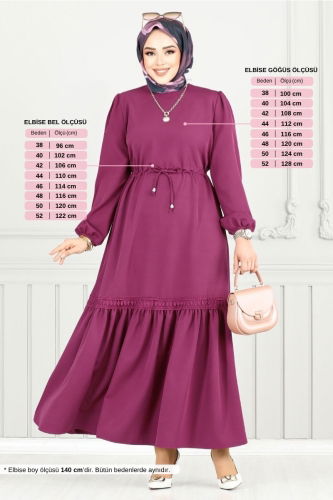 MRV U.K.B. - Manşeti Lastikli Tesettür Elbise 23011UKB929-M Mürdüm